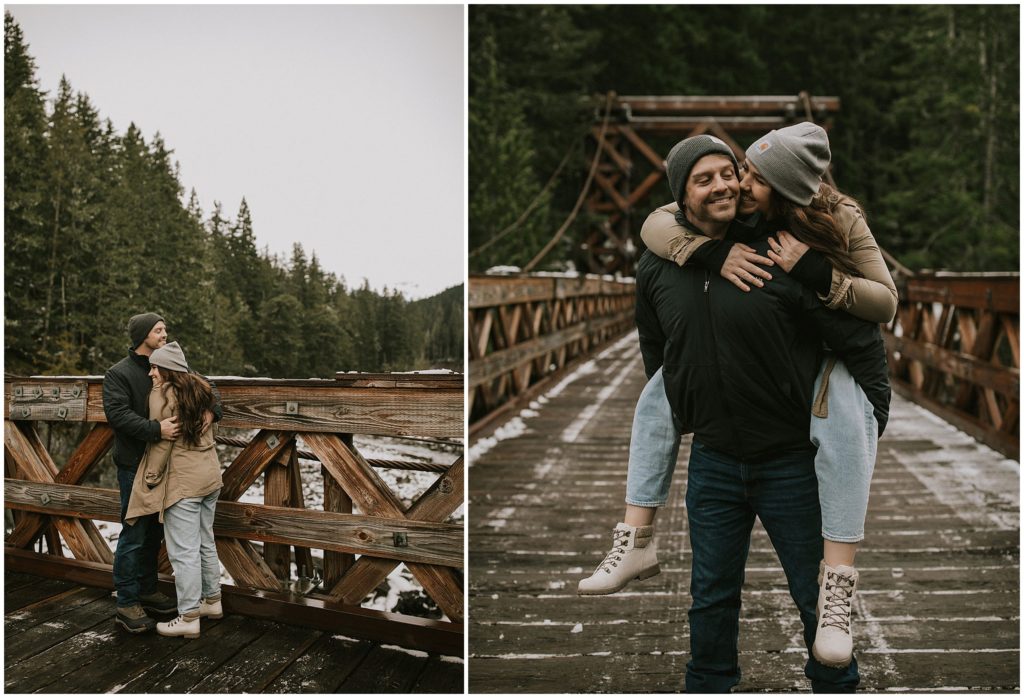 couple hugging on bridge