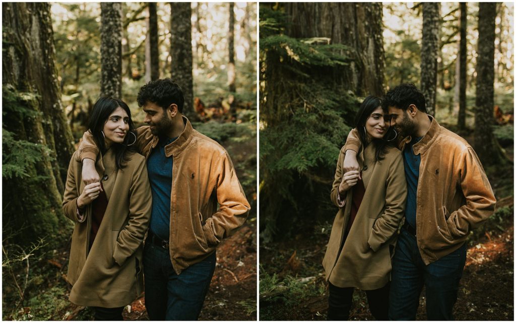 couple hugging in the forrest