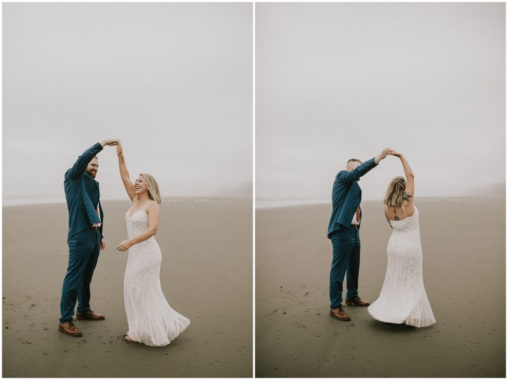 bride and groom dancing at the beach