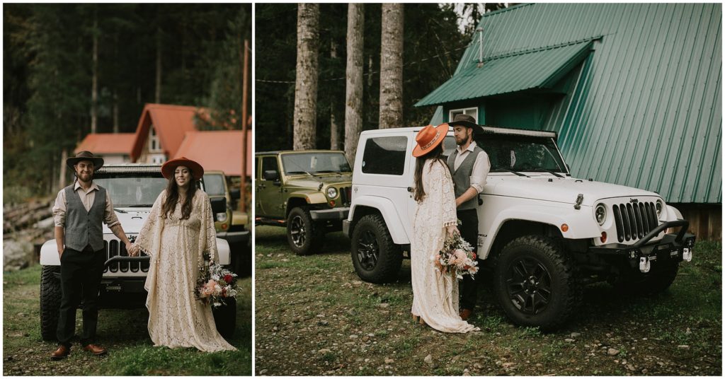 bride and groom in front of jeep